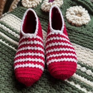 Hand-Knit Slipper Socks in red and white size medium to large